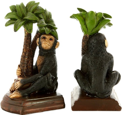PAIR ** MONKEY & PALM TREES BOOKENDS SET *Distressed White* NIB - Picture 4 of 12