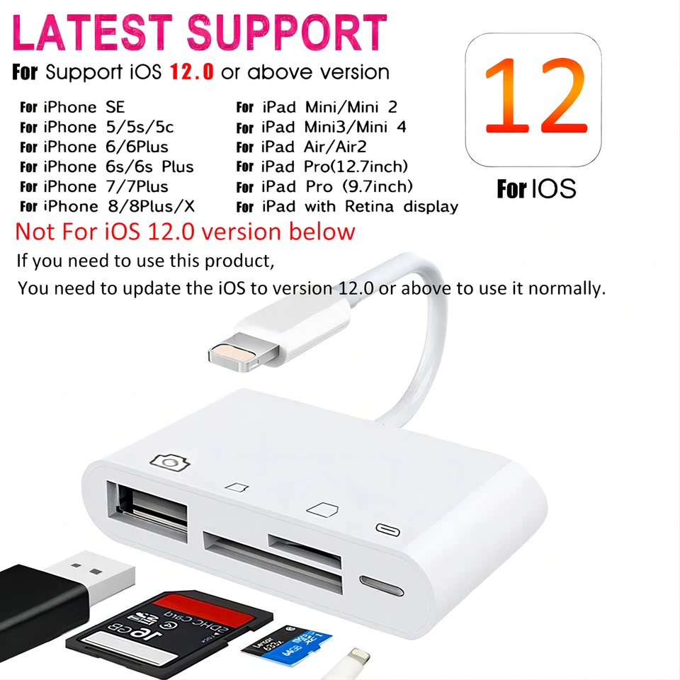 For iPhone iPod iPad IOS 12 Portable 4 in 1 USB SD TF Card Reader Camera Adapter - Image 3 of 4