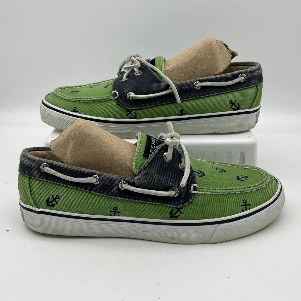 Sperry Top Sider Boat Deck Shoes Womens 8M Green Canvas with Blue