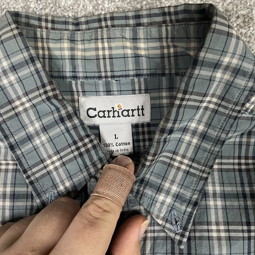 Carhartt Shirt Mens L Blue Plaid Button Down Long Sleeve Work Wear Vintage Stain - Picture 4 of 8