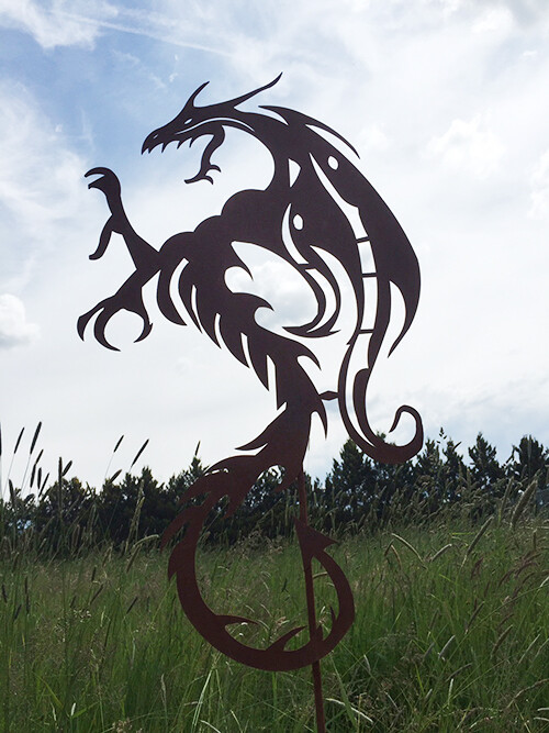 Garten-Deko 'Mystischer Drache' – Metall-Gartenstecker Mit Rost-Optik, 145 Cm Gesamthöhe