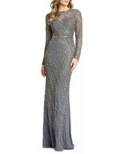 Mac Duggal 5240 Beaded Illusion Neck Long Sleeve Gown - size 6 - Platinum