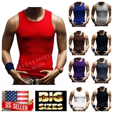 Men Tank Top Tee 100% Cotton Muscle Ribbed Wife Beater Gym T-Shirt Big Size S-5X