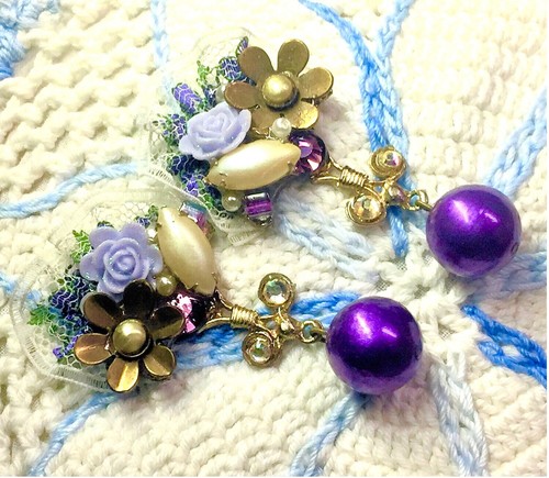 OOAK Victorian Purple Floral Lace Pearl Rhinestone Assemblage Pierced Earrings - Picture 8 of 12