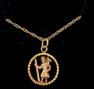 Vintage 9ct Gold St Christopher Open work Medallion  Necklace