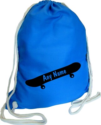 Skateboard Print Personalised BLUE COTTON Kids Childs School Sports Gym PE  Bag UK