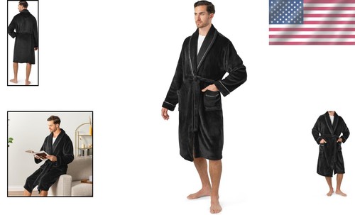 Accappatoio uomo in pile ultra morbido con bordo in raso - perfetto per spa e lounge - Foto 2 di 10