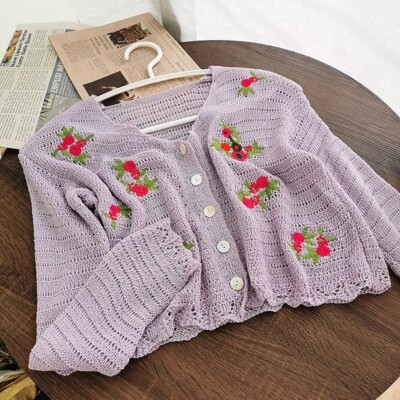 カーディガン us vintage flower knit cardigan. Vintage Flowers Knit Cardigan Country Hippie Embroidered Floral