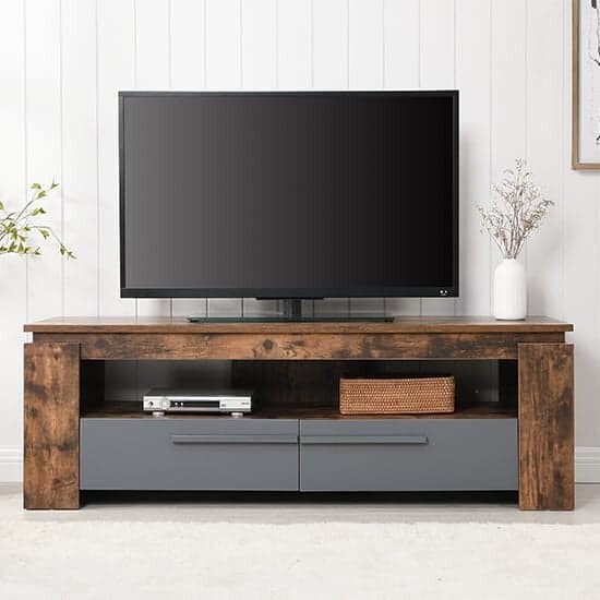 Portland Wooden TV Stand With 2 Drawers In Rustic Oak