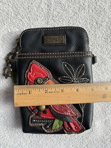 Chala Crossbody Handbag Cardinal Bird Flowers Black Red Faux Leather Charm READ - Picture 6 of 9
