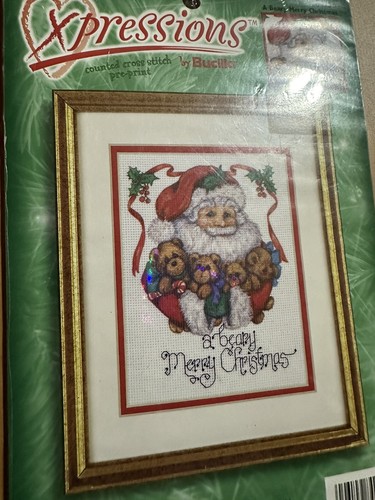 Vintage Santa Christmas Cross Stitch Pattern Kit Teddy Bear Holly Aida 14 count - Picture 2 of 4