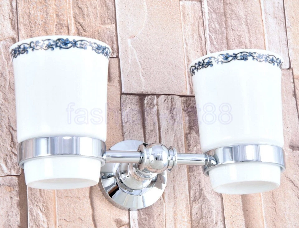 Soporte de cepillo de dientes de montaje en pared de baño cromado pulido doble taza de cerámica fba796 Foto 4 de 4