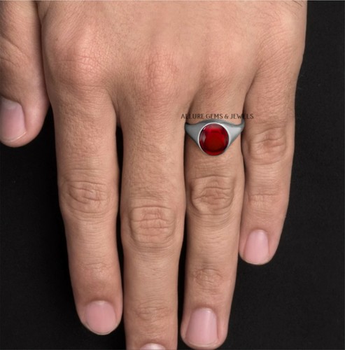 Mens Ruby Ring, Gold Signet Ring Mens Pinky Ring, Gift For Husband Red Ruby Ring - Picture 4 of 6