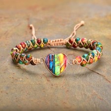 Natural Stone Gemstone Heart Charm Bracelet for Chakra Spiritual Heal Balance
