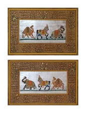 Set of 2 Hand Made Trio of Elephant, camel & horse Folk Art Miniature Painting