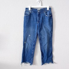We The Free Free People Maggie Mid Rise Fray Hem Straight Leg Blue Jeans Size 26
