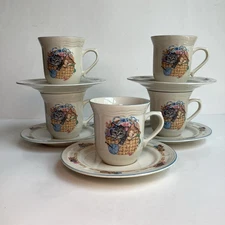 Vintage Tienshan Purrfect Friends (5) Cup & Saucer Sets 10 pc Cats Kittens Mugs