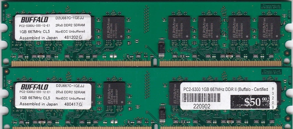 2GB 2x1GB PC2-5300 BUFFALO D2U667C-1GEJJ DDR2-667 DESKTOP RAM MEMORY KIT DIMM - Image 2 of 3