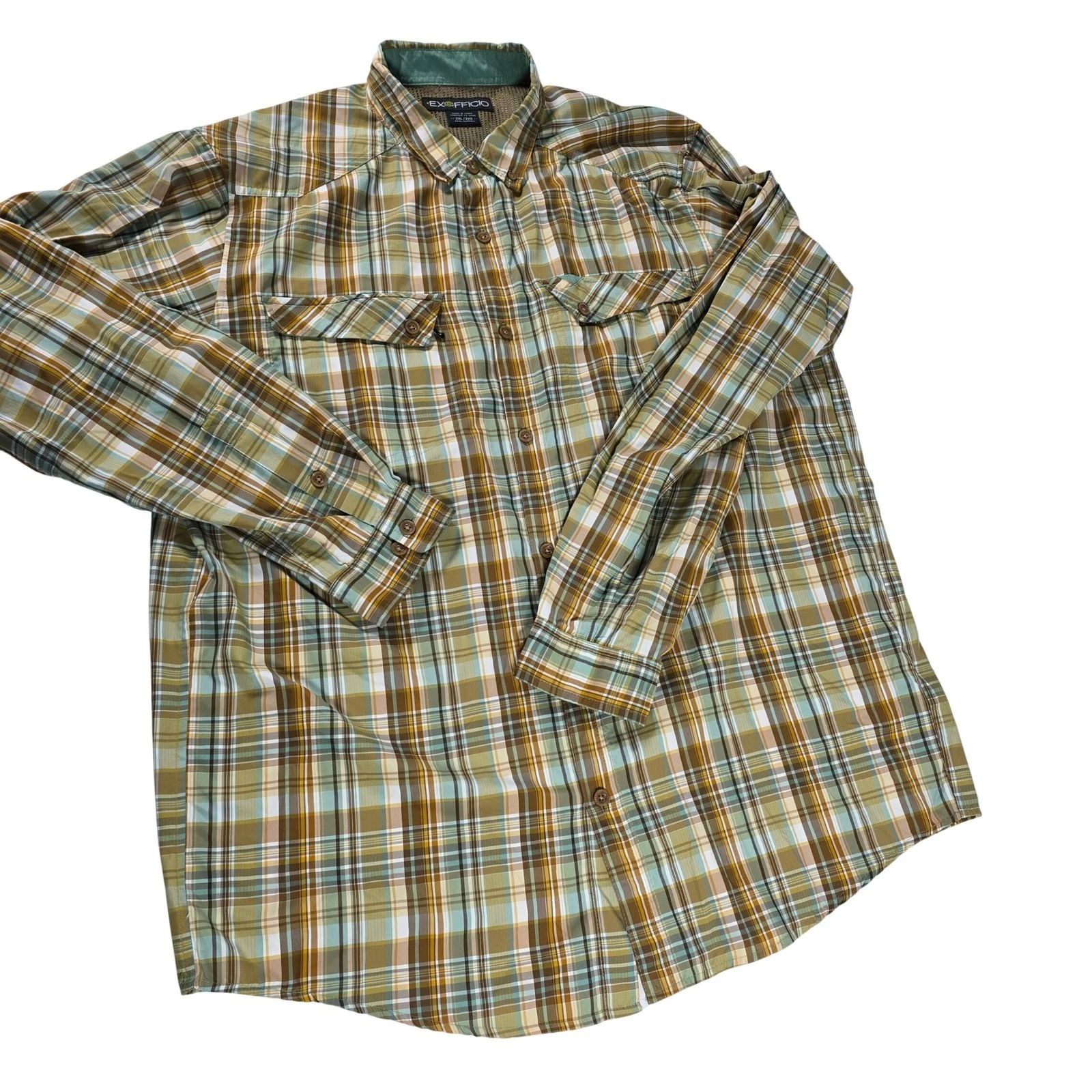 ExOfficio Mens 2XL Plaid Long Sleeve Button Down Hiking Shirt Green packable