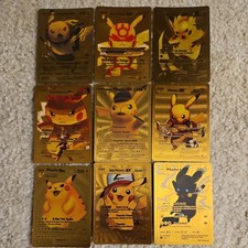 2024 Pokémon Gold Foil Fan Art Pikachu PACCHETTO / LOTTO DI 9 Basic Vmax Mega Pokémon