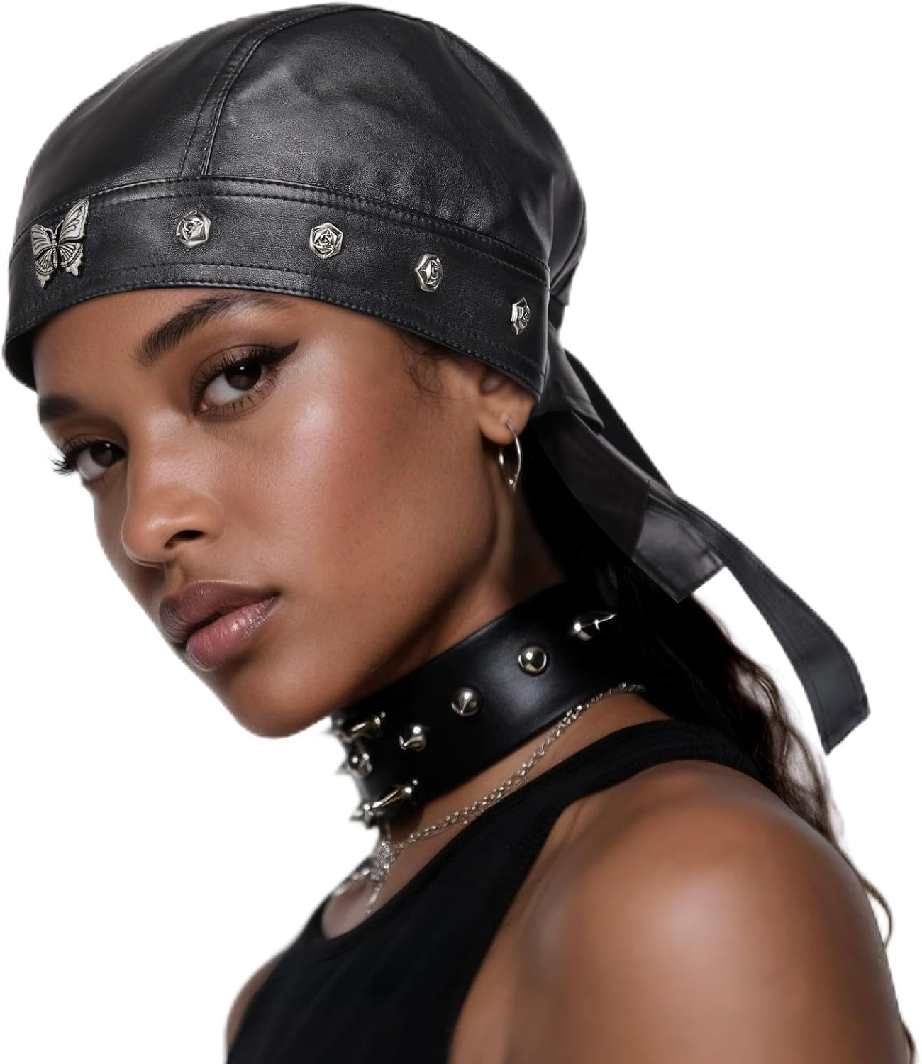 Leather Biker Skull Cap for Women Adjustable Motorcycle Cycling Black Bandana He