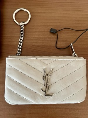 YSL SAINT LAURENT Monogram Key Pouch Matelassé Leather ICY WHITE