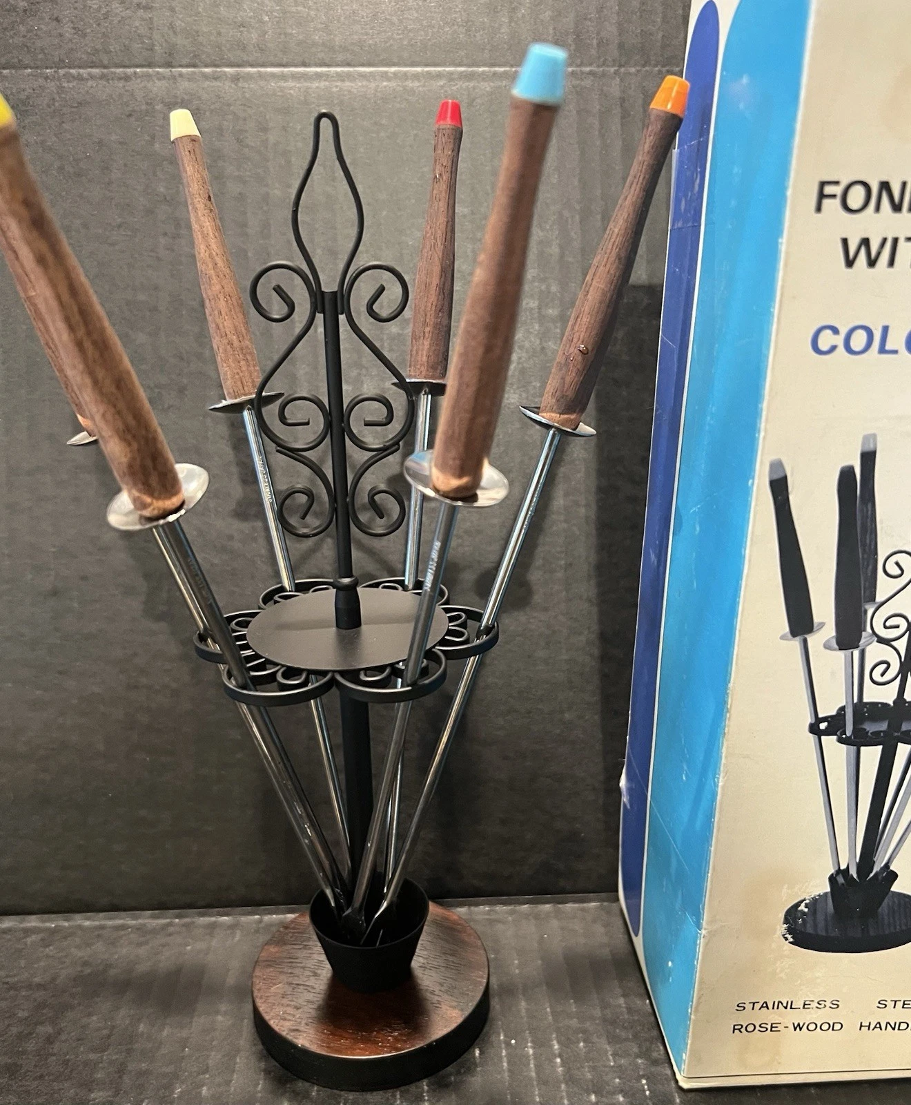 Vintage Fondue Skewer Iron Stand Set Colored Tips 6 Fork Wood Handle MCM Spain