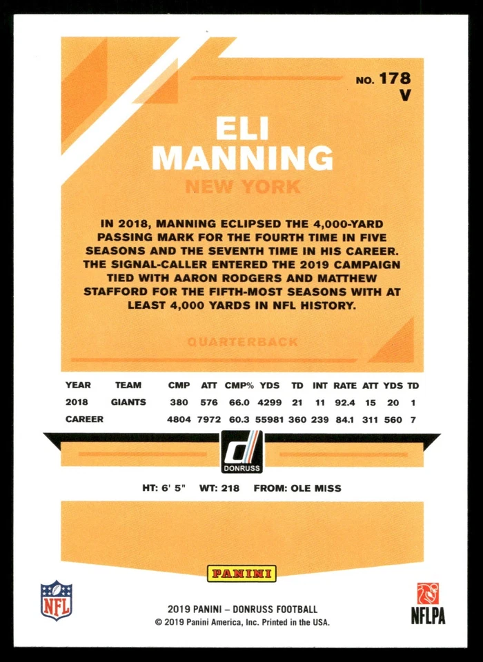 2019 Donruss Variation Press Proof Blue #178A Eli Manning - Image 2 of 2