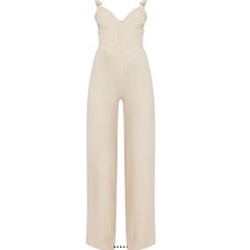 PLT Woven Corset Ring Strappy Jumpsuit Stone Beige Wide Leg Night Out NWT 12