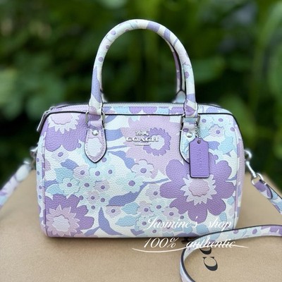 NWT Coach Rowan Satchel Bag With Floral Print In Silver/Ivory Multi Purple CBG82