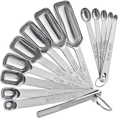 Stainless Steel Measuring Spoons Set of 14 with Leveler, Rectangular Teaspoon &