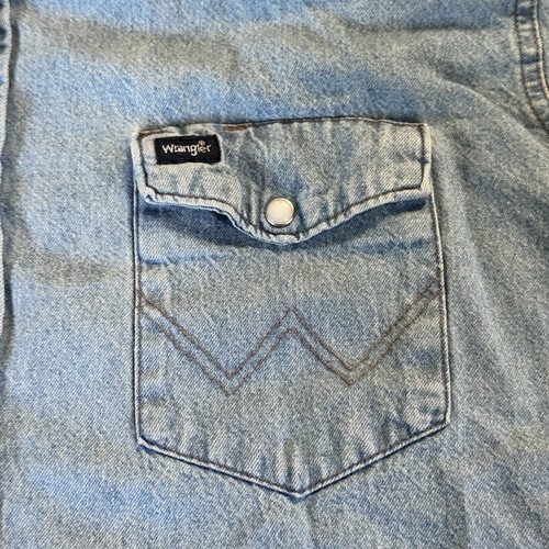 Vintage Wrangler Denim Brush Popper Cowboy Cut Pearl Snap Blue Men's Shirt XL - Picture 2 of 5