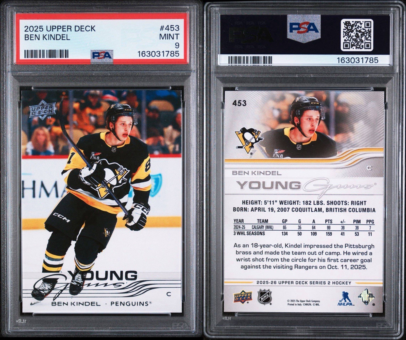 2025-26 Upper Deck Series 2 - Young Guns Ben Kindel #453 (RC) Penguins PSA 9 view 3
