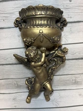 VINTAGE ANGEL CHERUB 1975 VICTORIAN GOLD WALL POCKET HOLLYWOOD REGENCY 14 1/2”