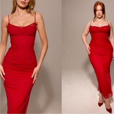 HOUSE OF CB 'Nalini' Holly Red Mesh Corset Maxi Dress NWOT size M D-DD