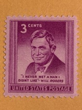 1948 3 Cent Stamp.  “Will Rogers”  Scott# 975. MNH.