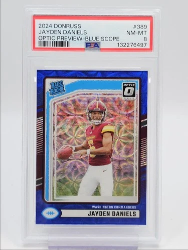JAYDEN DANIELS 2024 DONRUSS OPTIC RATED ROOKIE BLUE SCOPE RC PSA 8 Q5333