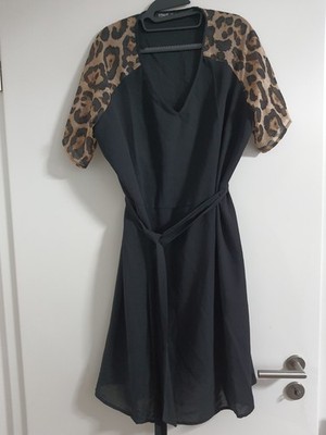 YOINS Damen Kleid Gr. 50 2XL mit Gürtel Leo Ärmel Schwarz Midi