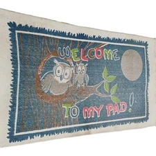 Vintage Owls Welcome To My Pad Throw Rug 42x23  Retro Owl In Tree W/ Moon Blue