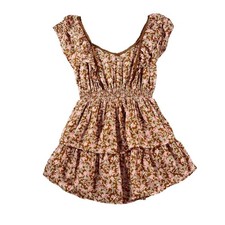 American Eagle Women Small Brown Floral Tiered Mini Dress Smocked Waist Ruffle