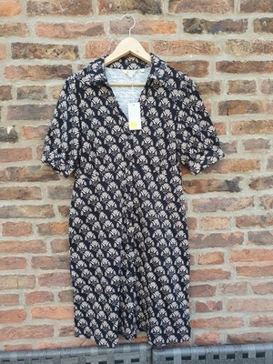 Boden mini tea dress button down size uk12L jersey art Deco print Black Beige