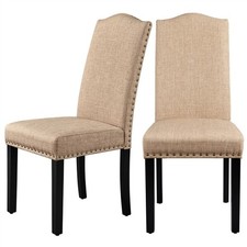 Set of 2 Dining Chairs Fabric Upholstered Kitchen Chairs w/ Solid Wood Leg Khaki