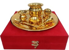 Purpledip Metal Puja Thali Set: Home Temple Decorative Platter with 7 Items in V