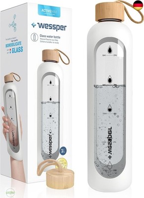 WESSPER Trinkflasche Glas 1L mit Zeitmarkierungen, BPA-frei Trinkmotivation