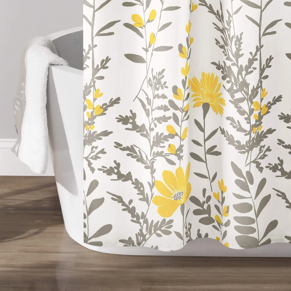 Cortina de Ducha Floral Aprile Individual 72" W x 72" L Amarillo y Gris - Espectáculo Floral... Foto 4 de 4