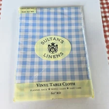 Blue & White Checkered Vinyl Tablecloth 60” Round Sultan’s Linens NOS Sealed