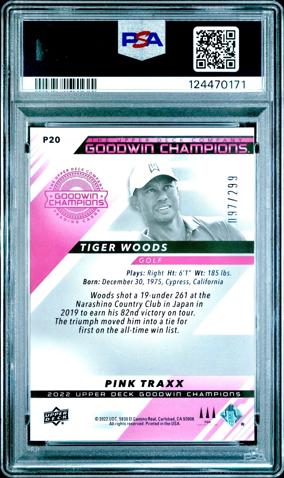 Tiger Woods PINK MOJO REFRACTOR /299 UPPER DECK CHROME PSA 10 view 2