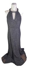 MN Nightway Black Sparkle Halter Gown Open Back Chiffon Train Size 14