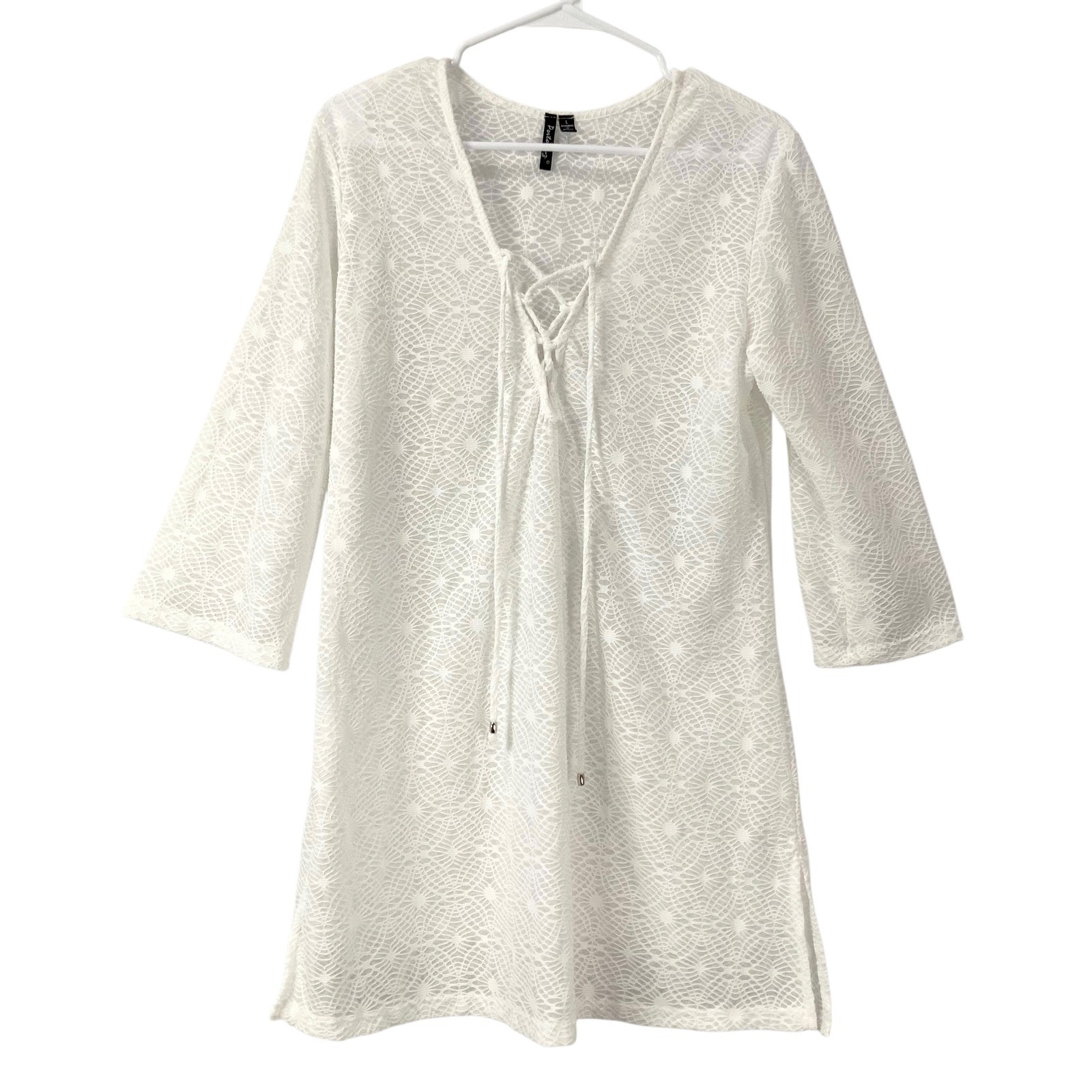 Porto Cruz White Lace 3/4 Sleeve Beach Cover Up Tunic Dress Beachwear Size L