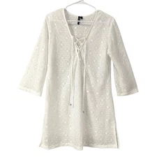 Porto Cruz White Lace 3/4 Sleeve Beach Cover Up Tunic Dress Beachwear Size L